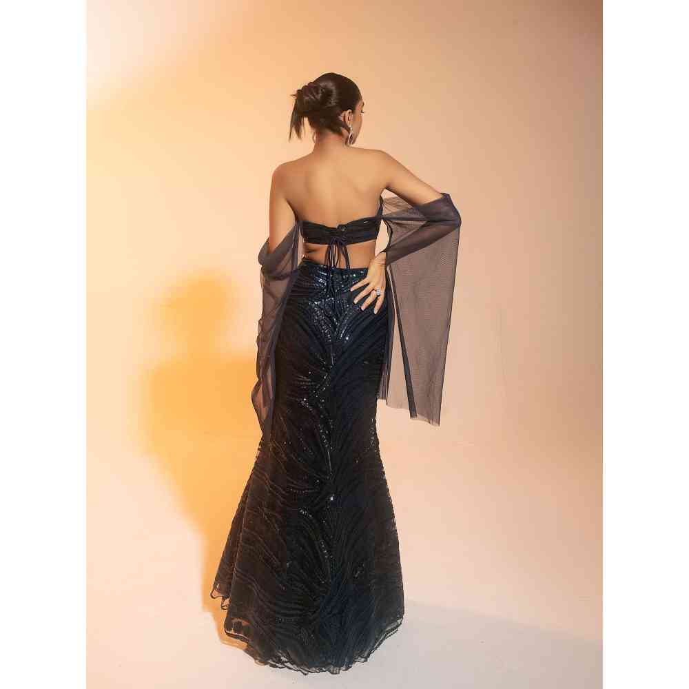 Saanjh by Lea Netra Sapphire Embroidered Mermaid Lehenga with Blouse (Set of 2)