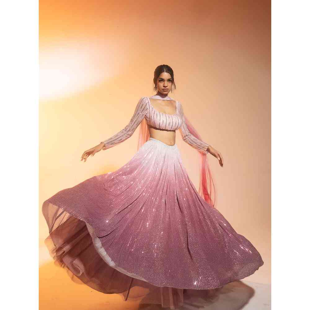 Saanjh by Lea Anaisha Pink Ombre Sequined Lehenga with Blouse and Dupatta (Set of 3)