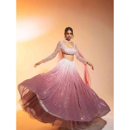 Saanjh by Lea Anaisha Pink Ombre Sequined Lehenga with Blouse and Dupatta (Set of 3)