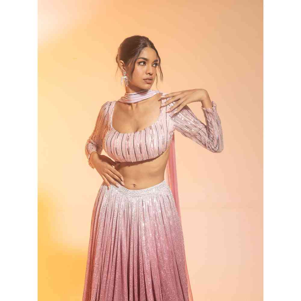 Saanjh by Lea Anaisha Pink Ombre Sequined Lehenga with Blouse and Dupatta (Set of 3)