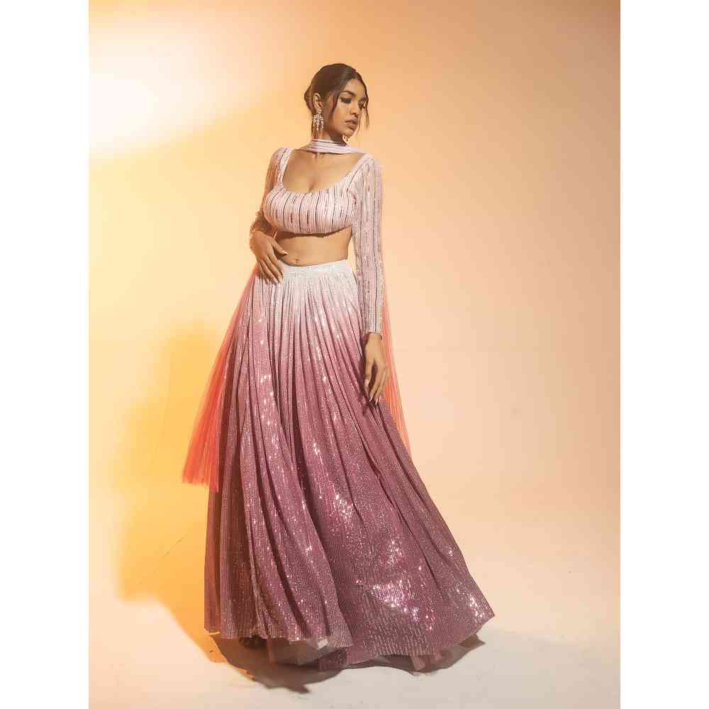 Saanjh by Lea Anaisha Pink Ombre Sequined Lehenga with Blouse and Dupatta (Set of 3)