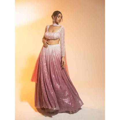 Saanjh by Lea Anaisha Pink Ombre Sequined Lehenga with Blouse and Dupatta (Set of 3)