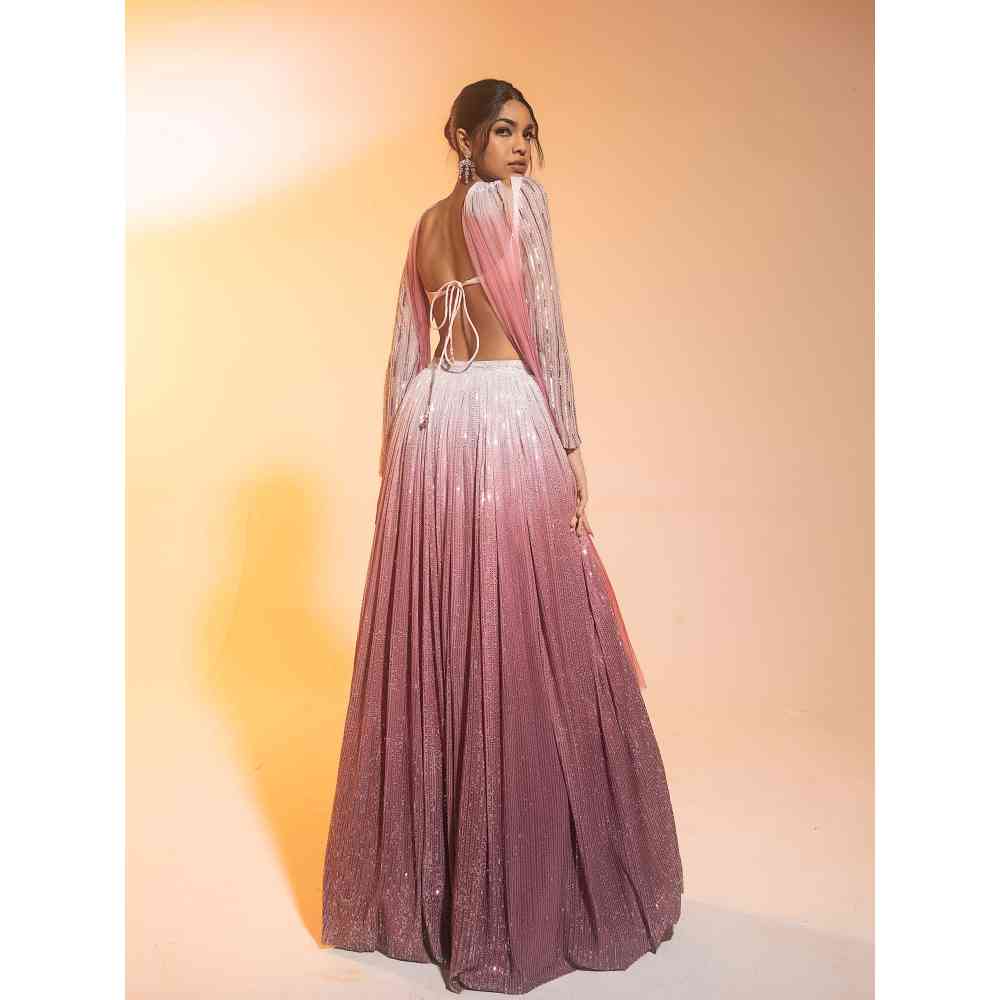 Saanjh by Lea Anaisha Pink Ombre Sequined Lehenga with Blouse and Dupatta (Set of 3)