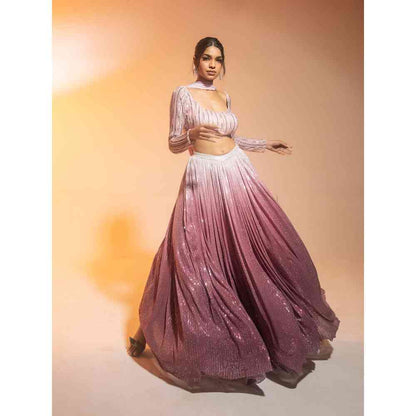 Saanjh by Lea Anaisha Pink Ombre Sequined Lehenga with Blouse and Dupatta (Set of 3)