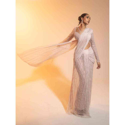 Saanjh by Lea Diya Blush Hand Embroidered Draped Saree with Stitched Blouse