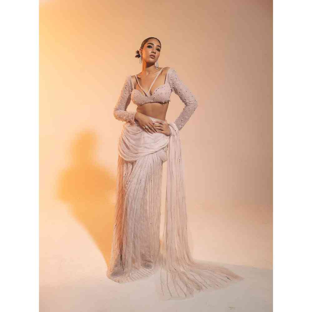 Saanjh by Lea Diya Blush Hand Embroidered Draped Saree with Stitched Blouse