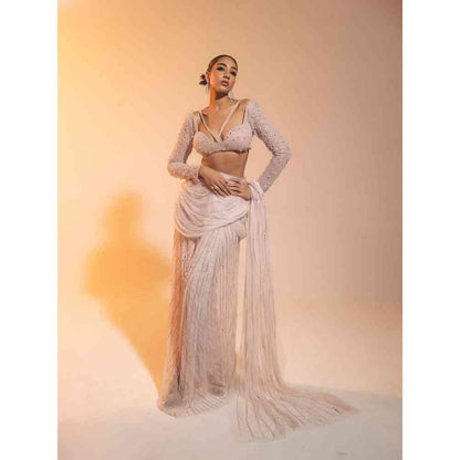 Saanjh by Lea Diya Blush Hand Embroidered Draped Saree with Stitched Blouse