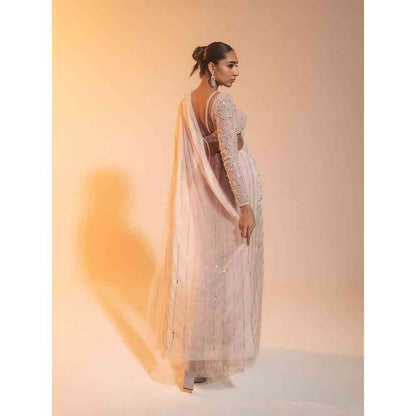 Saanjh by Lea Diya Blush Hand Embroidered Draped Saree with Stitched Blouse