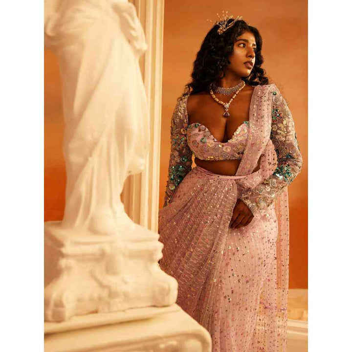 Saanjh by Lea Ameerah Lavender Embroidered Saree with Stitched Blouse