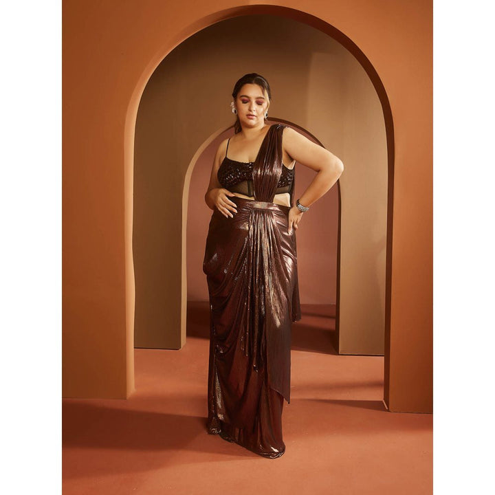 Saanjh by Lea Zara Brown Metallic Pre-Draped Saree with Stitched Blouse