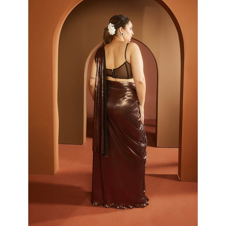 Saanjh by Lea Zara Brown Metallic Pre-Draped Saree with Stitched Blouse