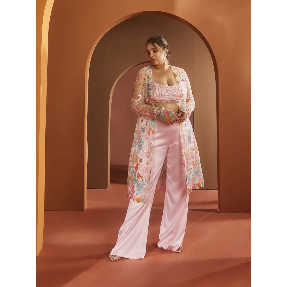 Saanjh by Lea Chaaya Baby Pink Satin Floral Embroidered Fusion (Set of 3)