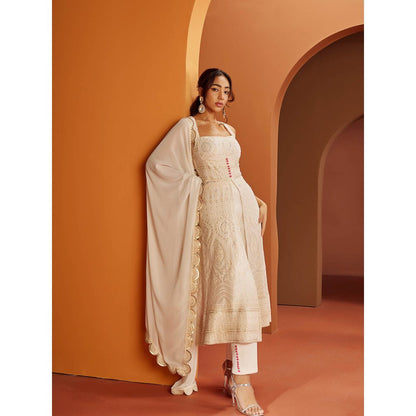 Saanjh by Lea Falak White Embroidered Georgette Anarkali Suit (Set of 3)