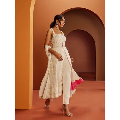 Saanjh by Lea Falak White Embroidered Georgette Anarkali Suit (Set of 3)