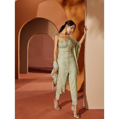 Saanjh by Lea Aarya Sage Green Embroidered Georgette Kurta (Set of 3)