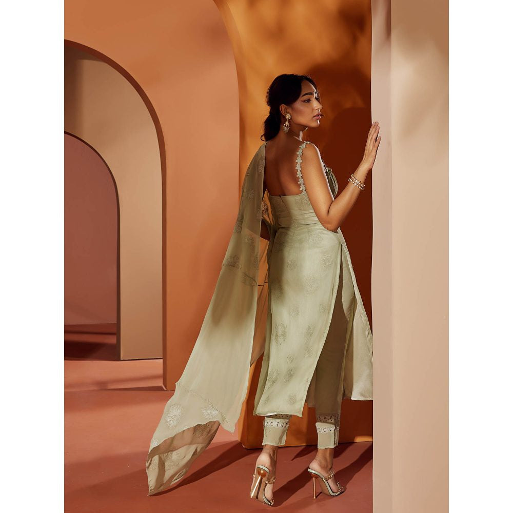 Saanjh by Lea Aarya Sage Green Embroidered Georgette Kurta (Set of 3)