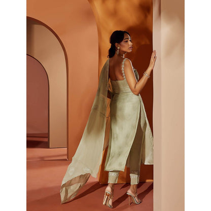 Saanjh by Lea Aarya Sage Green Embroidered Georgette Kurta (Set of 3)