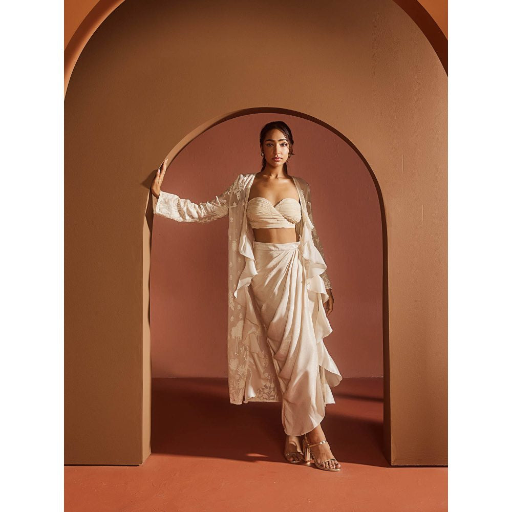 Saanjh by Lea Aashvi Ivory Shimmer Embroidered Fusion (Set of 3)