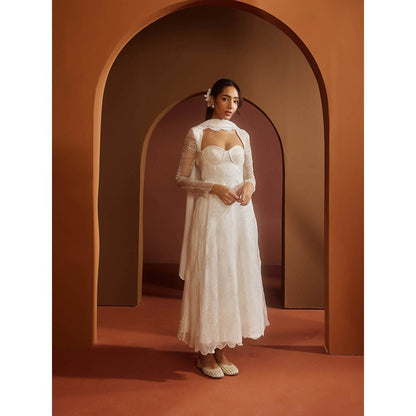 Saanjh by Lea Avya White Embroidered Corset Anarkali Suit (Set of 3)