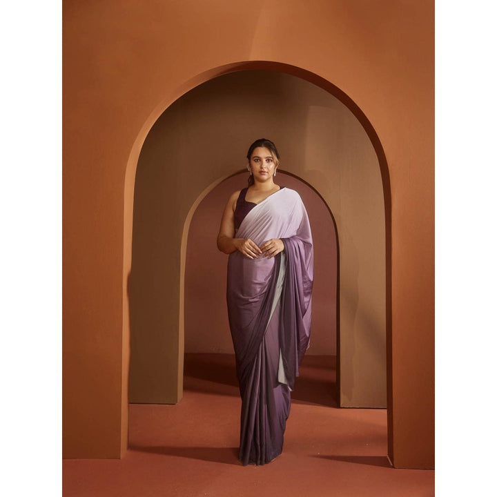Saanjh by Lea Yazrin Purple Ombre Satin Pre-Draped Saree with Stitched Blouse