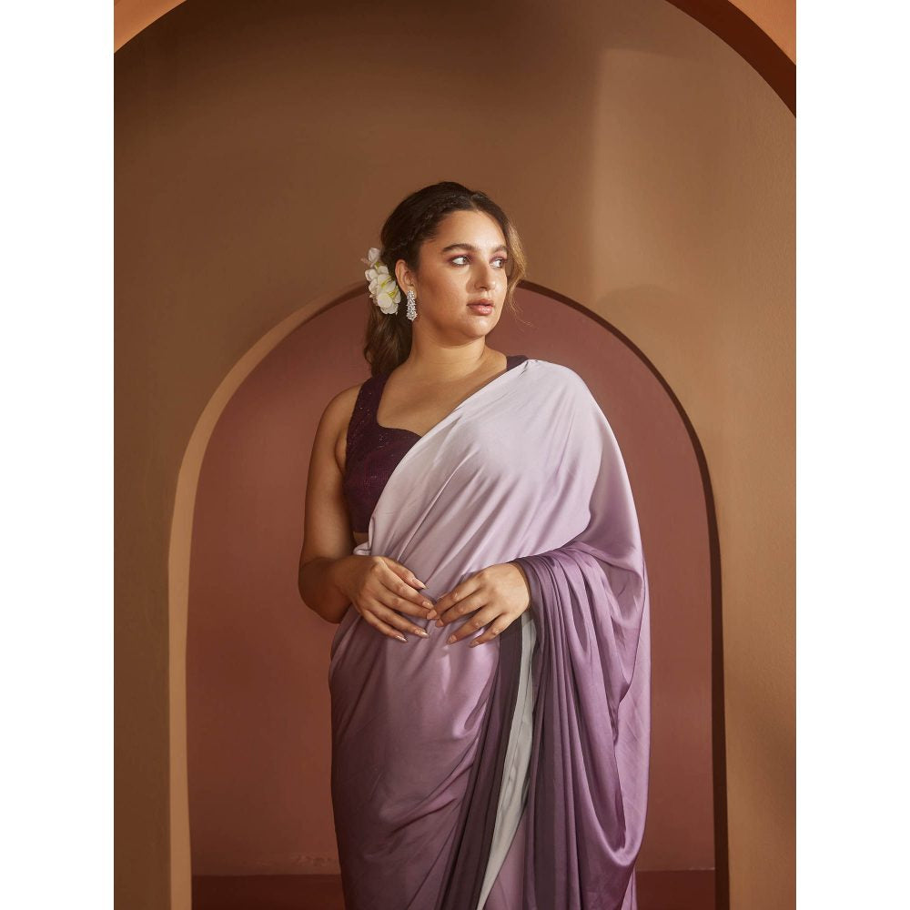 Saanjh by Lea Yazrin Purple Ombre Satin Pre-Draped Saree with Stitched Blouse
