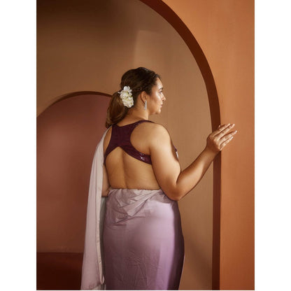 Saanjh by Lea Yazrin Purple Ombre Satin Pre-Draped Saree with Stitched Blouse