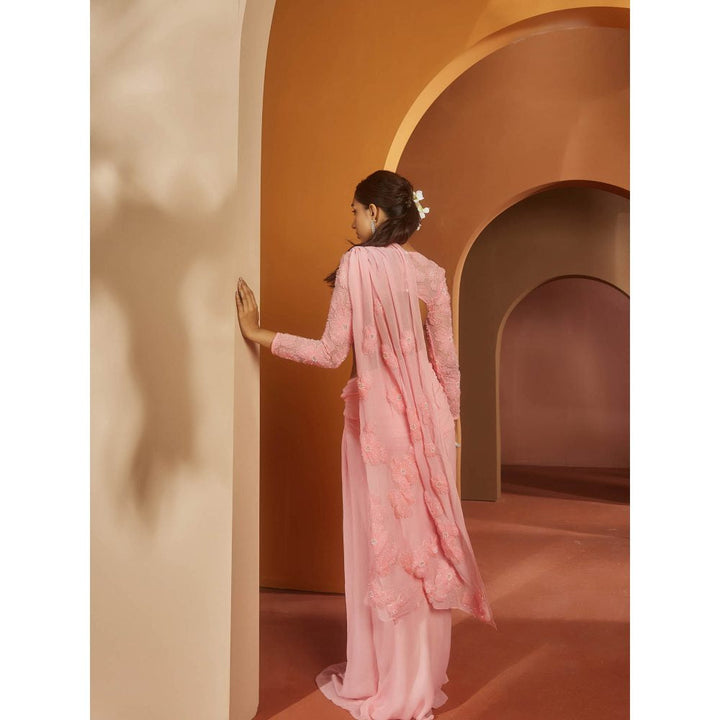 Saanjh by Lea Sarika Pink Flower Embroidered Pre-Draped Saree with Stitched Blouse