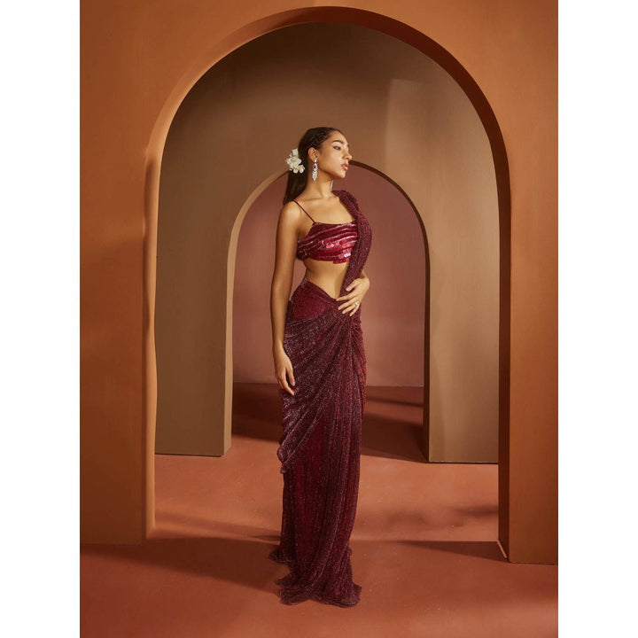 Saanjh by Lea Humaida Maroon Shimmer Pre-Draped Saree with Stitched Blouse