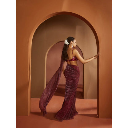 Saanjh by Lea Humaida Maroon Shimmer Pre-Draped Saree with Stitched Blouse