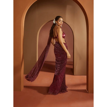 Saanjh by Lea Humaida Maroon Shimmer Pre-Draped Saree with Stitched Blouse