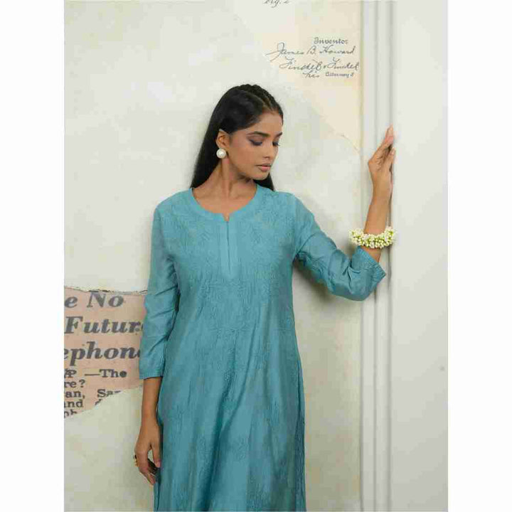 SAAYA THE LABEL Turquoise Zeenat Chikankari Kurta with Pant (Set of 2)