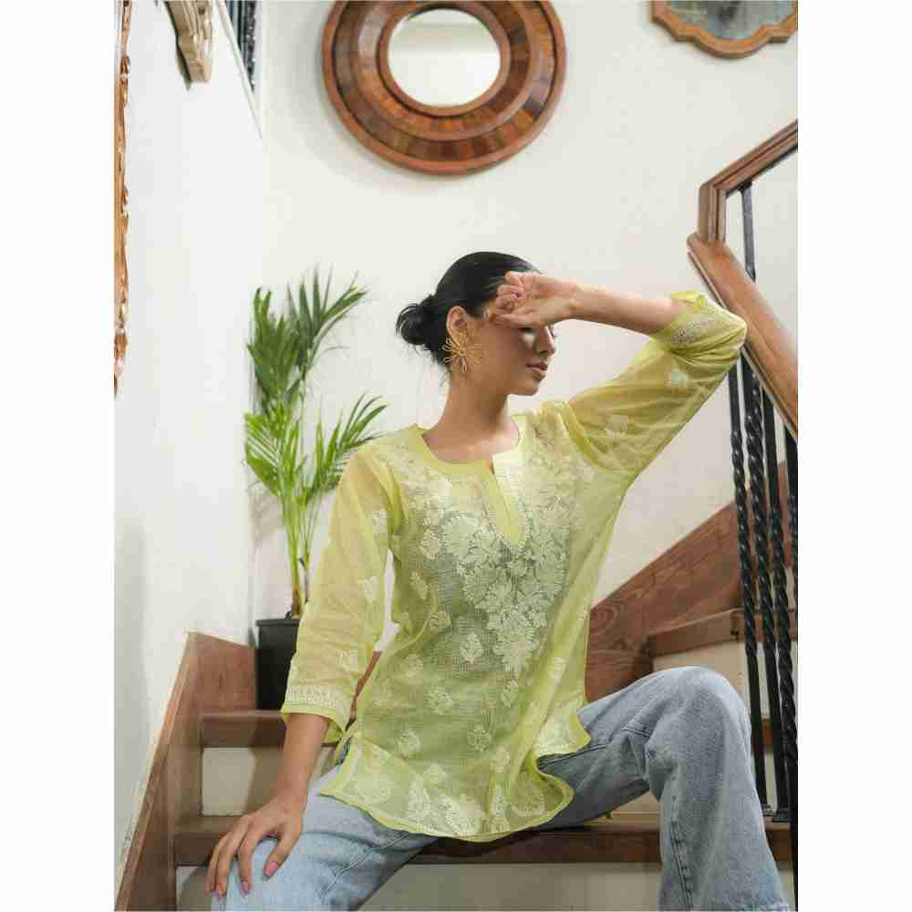 SAAYA THE LABEL Pure Kota Short Kurta with Chikankari Embroidery in Fresh Lime Color