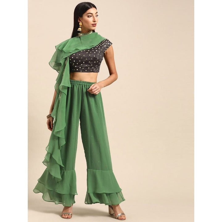 Shaily Retails Green Color Plazzo With Blouse & Ruffle Dupatta (Set of 3)