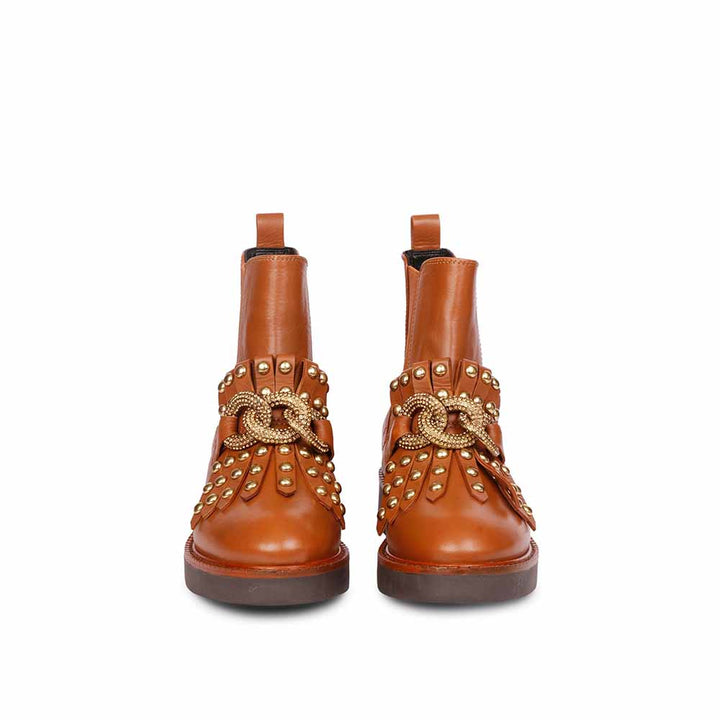 Saint G Embellished Tan Leather Ankle Boots