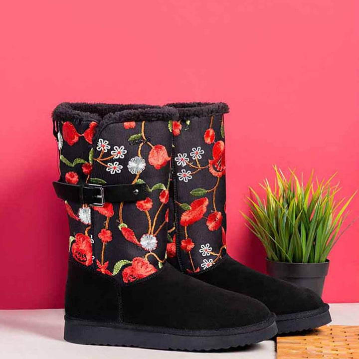 Saint G Embroidered Black Suede Leather Snug Boots