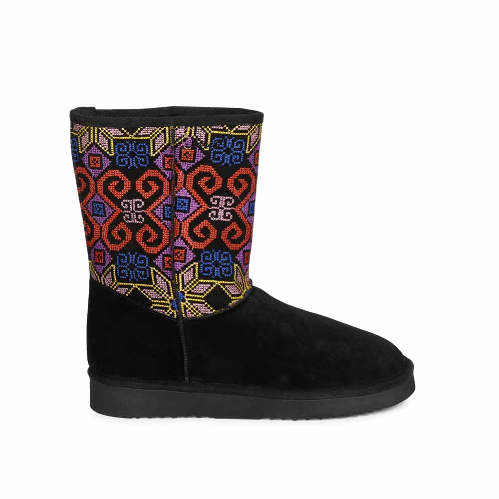 Saint G Multi Embroidered Black Suede Leather Snug Boots