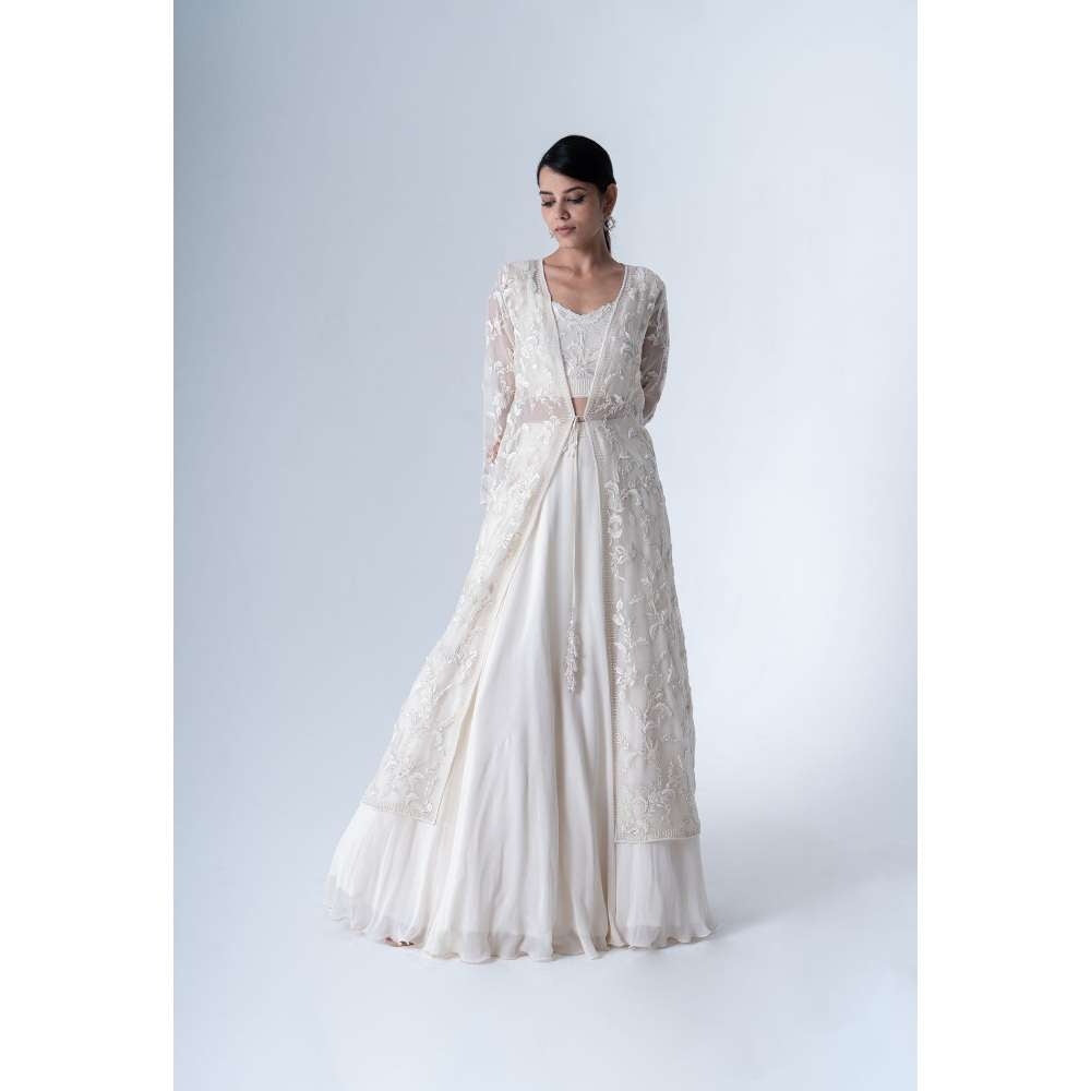 Buy Off White Chiffon Round Embroidered Jacket Bridal Lehenga Set For Women  by Nakul Sen Online at Aza Fashions.