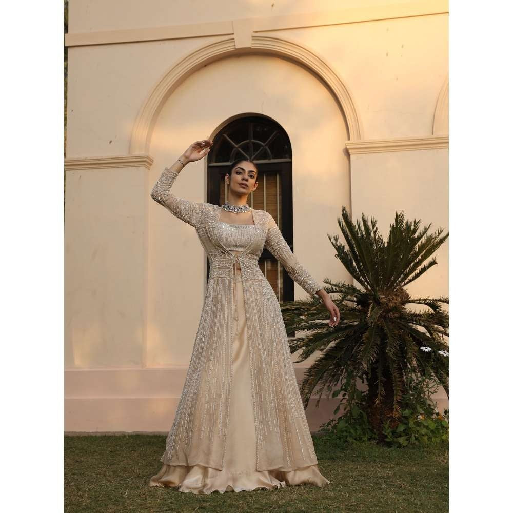 WEDDING LONG JACKET WITH EMBROIDERED LEHENGA WITH HAND WORK -