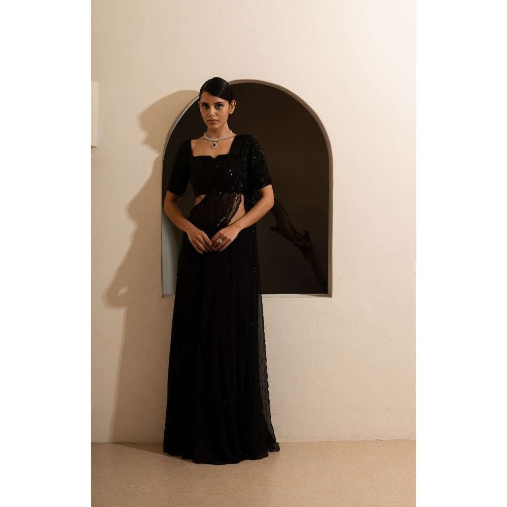 SAISHA Mid Night Saree & Blouse with Stitched