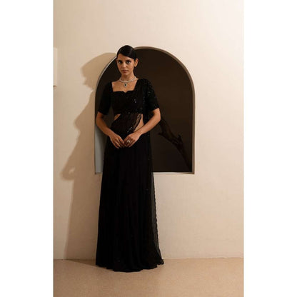 SAISHA Mid Night Saree & Blouse with Stitched