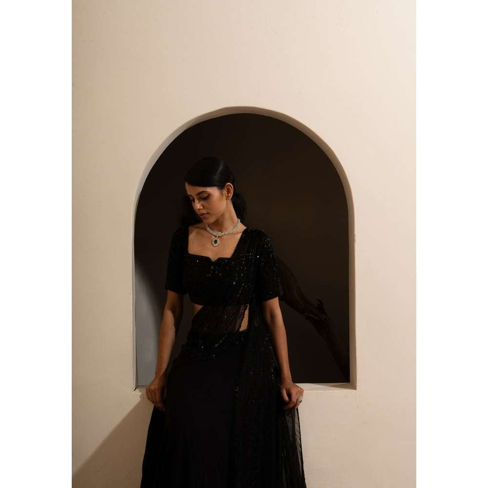 SAISHA Mid Night Saree & Blouse with Stitched