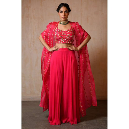 SAISHA Fuchsia Organza Long Cape With Choli And Sharara (Set of 3)