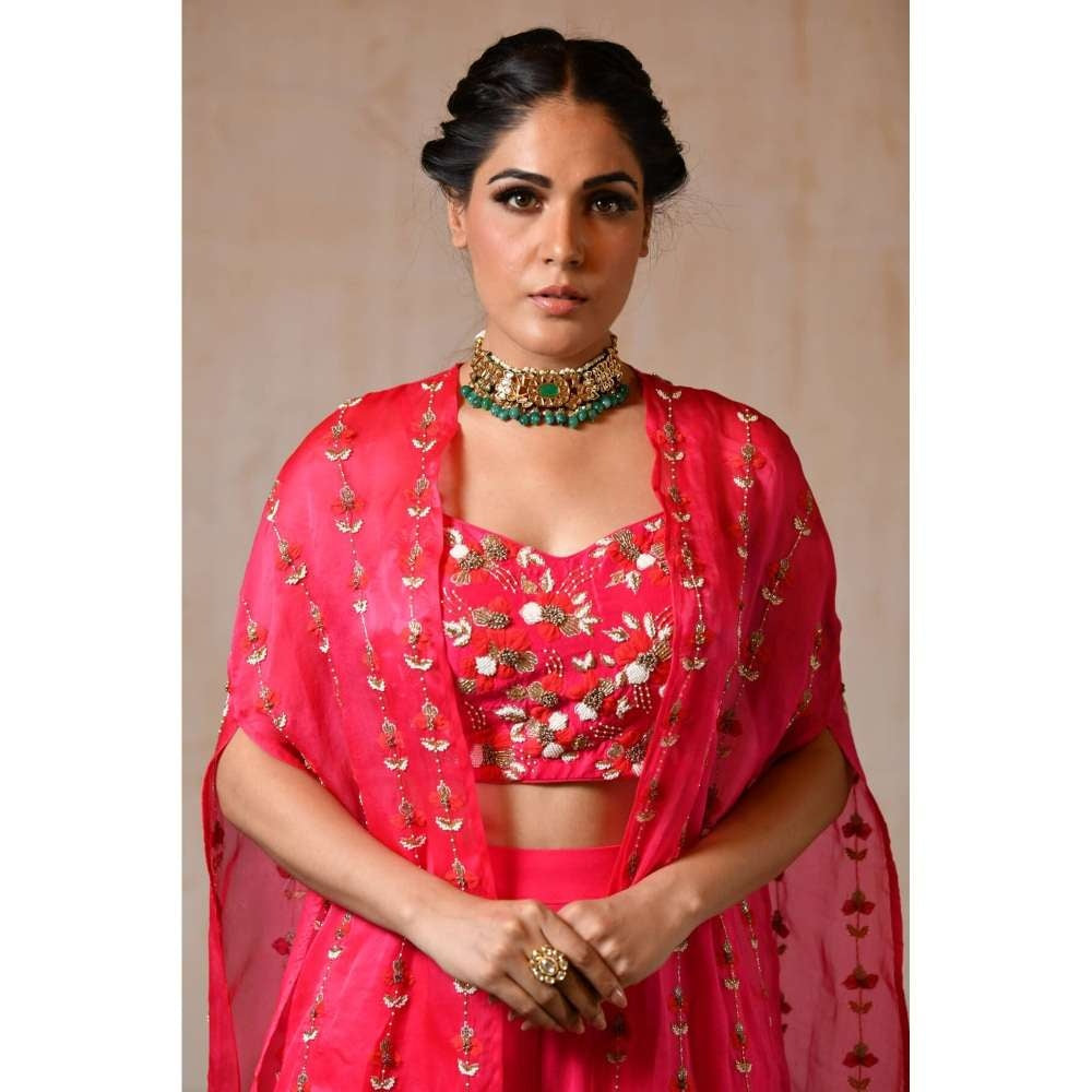 SAISHA Fuchsia Organza Long Cape With Choli And Sharara (Set of 3)