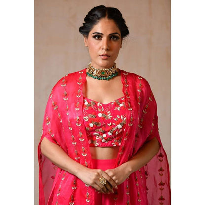 SAISHA Fuchsia Organza Long Cape With Choli And Sharara (Set of 3)