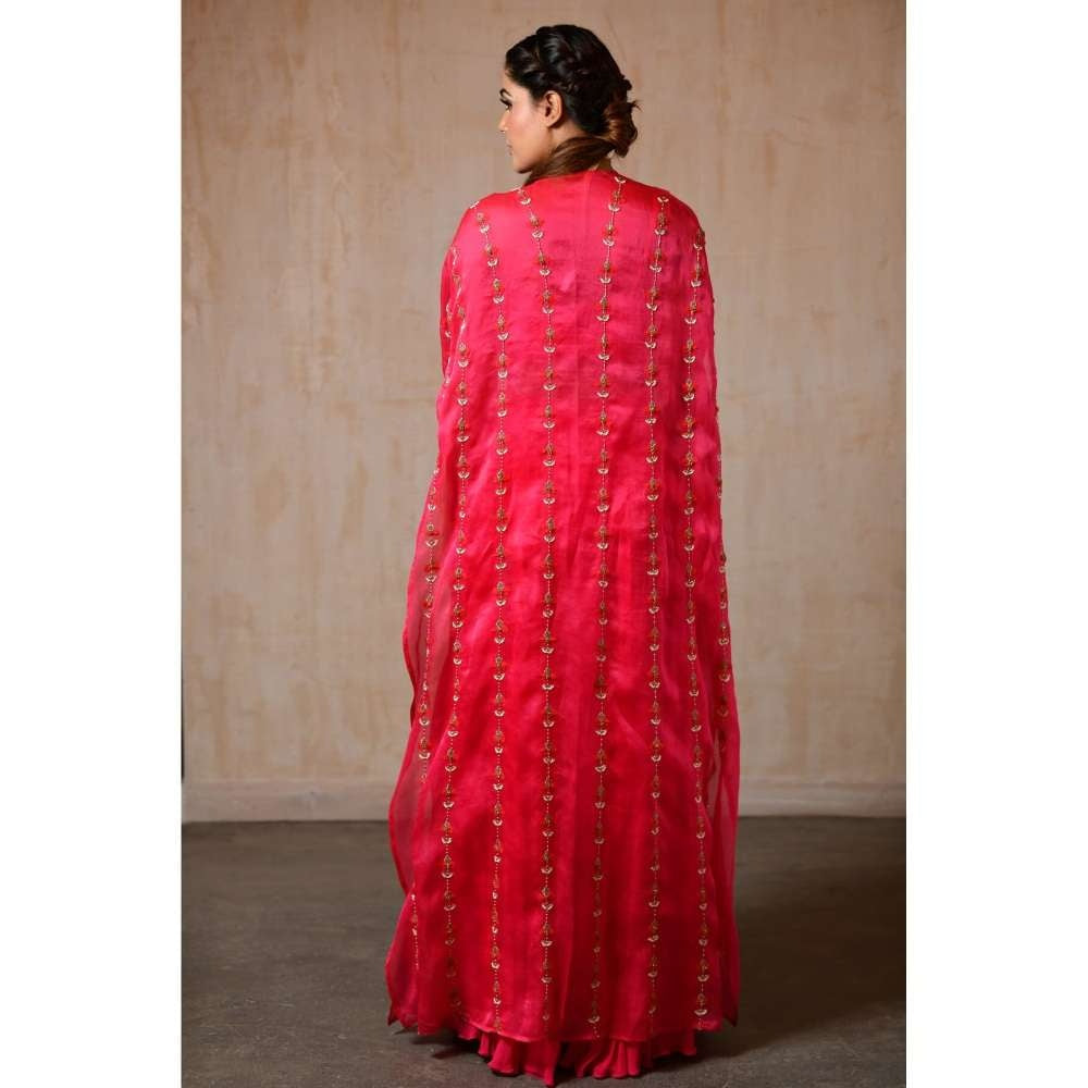 SAISHA Fuchsia Organza Long Cape With Choli And Sharara (Set of 3)