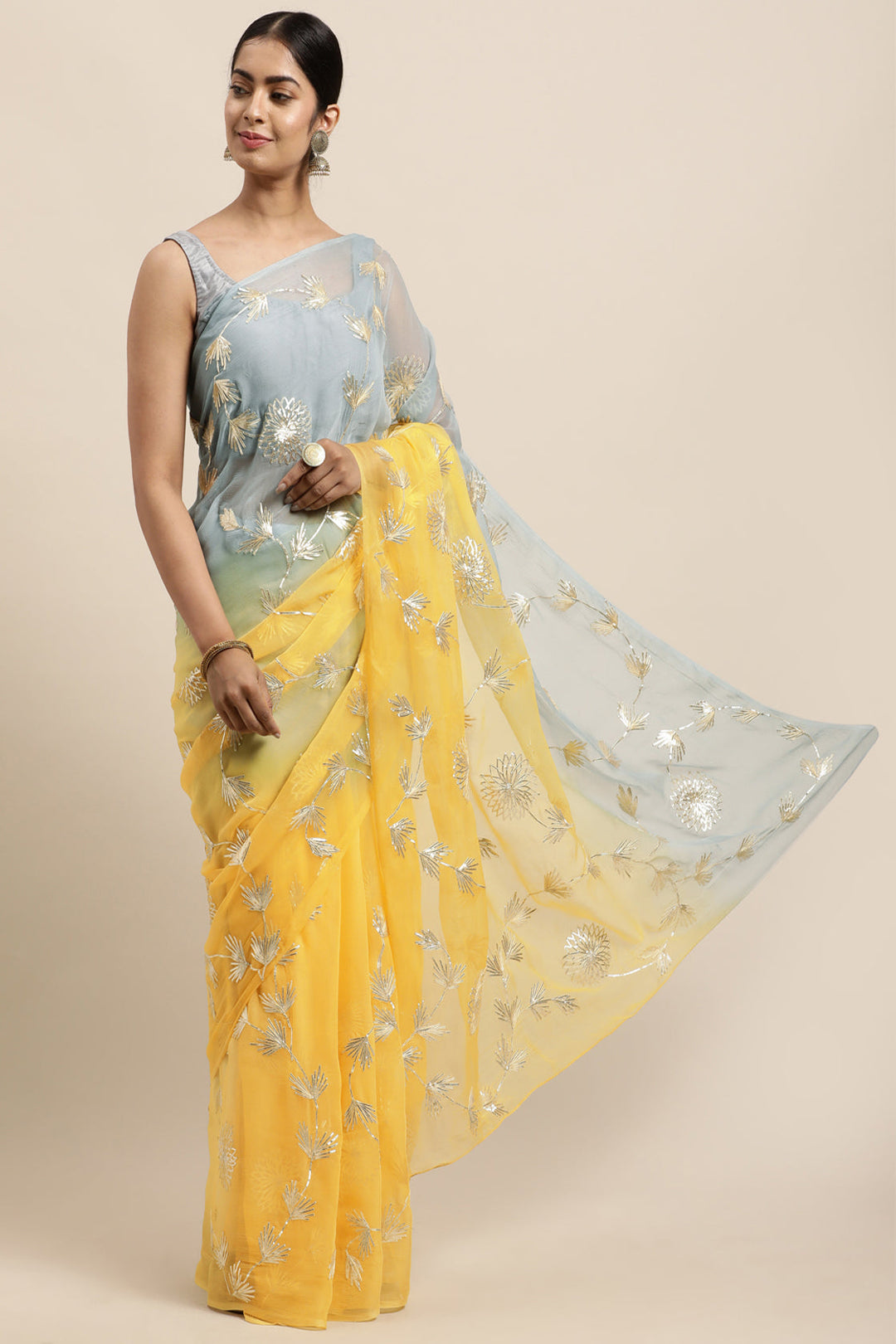 Yellow and Grey Shaded Handcrafted Gota Patti Chiffon Saree - Geroo Jaipur