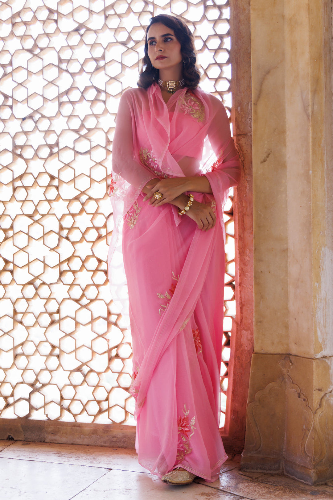 Pink Handcrafted Aari-Sequins Chiffon Saree - Geroo Jaipur