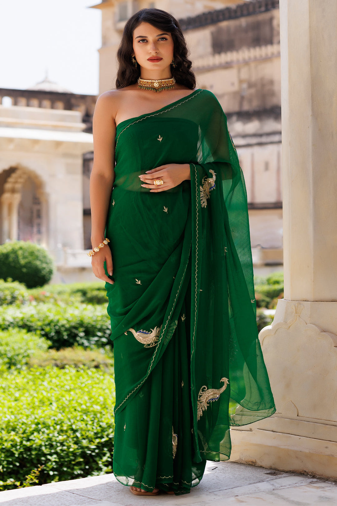 Green Hand embroidered Aari-tube Chiffon saree - Geroo Jaipur
