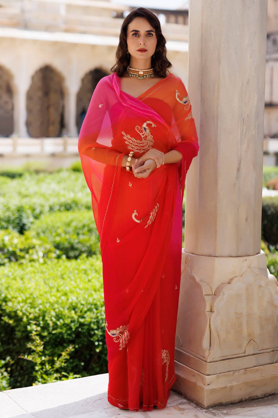 Pink & Orange shaded Hand embroidered Chiffon saree - Geroo Jaipur