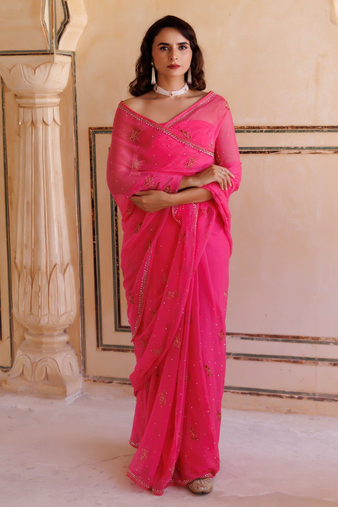 Hot pink Hand embroidered Resham-tube Chiffon saree - Geroo Jaipur